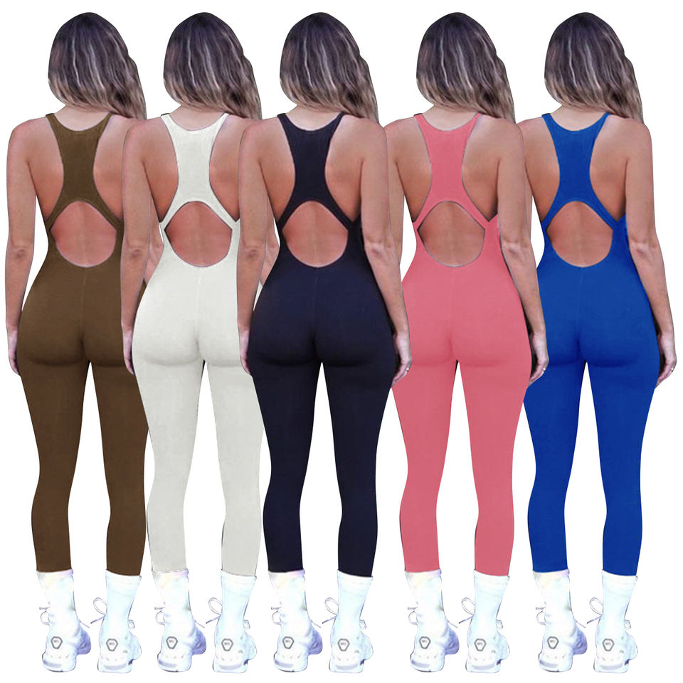 Vietnam Clothing Factory New arrival fashion solid color slim fit seamless hollow out stretch one piece yoga suit casual women jumpsuit sportwear